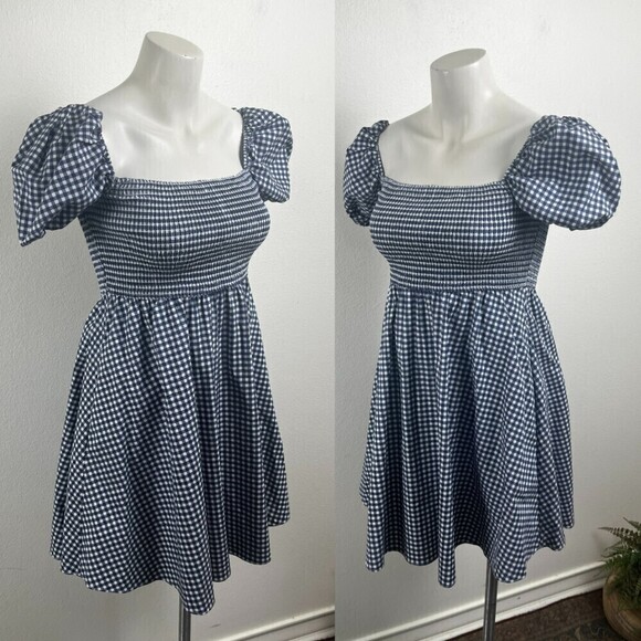 CAROLINE CONSTAS Gianna Navy Gingham Size S Fit & Flare Smocked Party Mini Dress - Picture 10 of 10